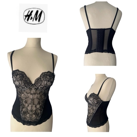 H&M Beaded Black Lace Bustier Bra Corset Top 6 - Picture 1 of 13
